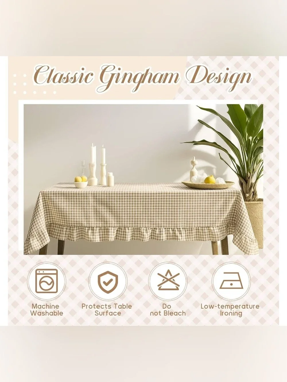 Ruffled Gingham Cotton / Linen Soft Tablecloth 60 X 84